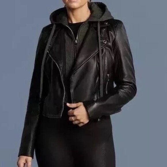 Bod & Christensen Amber Black Leather Moto Jacket w/ Removable Hoodie MSRP $590 - Picture 1 of 16